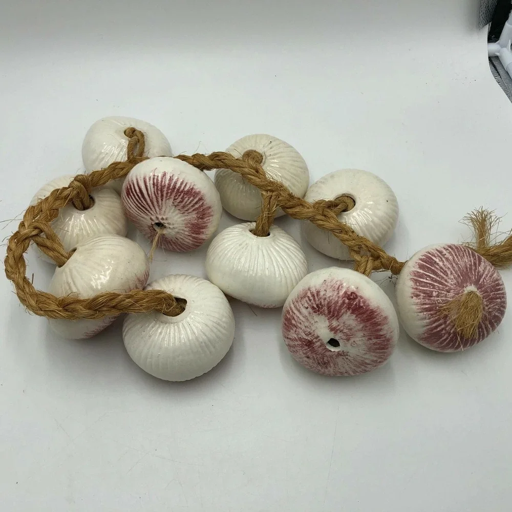 10 Ceramic White Red Purple Onions on Braided Jute Rope Wall Hanging Decor